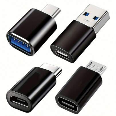 4 件 USB-C 适配器套装：USB 3.0 OTG、Micro USB 转 USB-C、时尚黑色金属表面 - 兼容 MacBook Pro、智能手机、笔记本电脑、PC、USB 适配器
