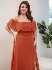EVERPRETTY Plus Size Women's Solid Color Ruffle Off Shoulder Elegant Bridesmaid Dress - Burnt Orange - View 5