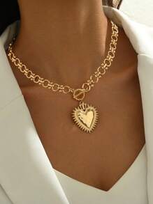 1 件经典厚锤纹心形金色金属吊坠项链，简约时尚，手工制作，适合日常佩戴和派对，送给女性的礼物 - 彩色 - 查看 3