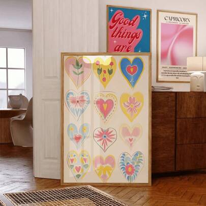 70s Style Heart Wall Art, Red Wall Decor, Retro Poster, Countryside Decoration, Cute Gift For Girlfriend, Bedroom Decor, Frameless