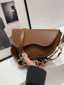 Classic Women's Retro Style Crossbody Bag, Fashion Versatile Solid Color Portable Adjustable Shoulder Strap Saddle Bag, Casual Minimalist Wide Strap Shoulder Bag, Suitable For Commuting, Shopping And Dating. - Coffee Brown - View 3