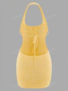 Halter Backless Lace-Up Bowknot Sexy Hollow Out Bodycon Beach Dress, For Summer Vacation