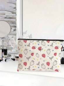 1pc Aardbeienpatroon Thema Volledige Print Make-up Tas - Lichtgewicht En Geurloze Polyester Reis Toilettas, Cartoon Aardbei Leuke Multifunctionele Canvas Tas, Oplaad Opbergtas, Essentiële Reis Make-up Tas: Meisjes Reis Reddingsboei Tas