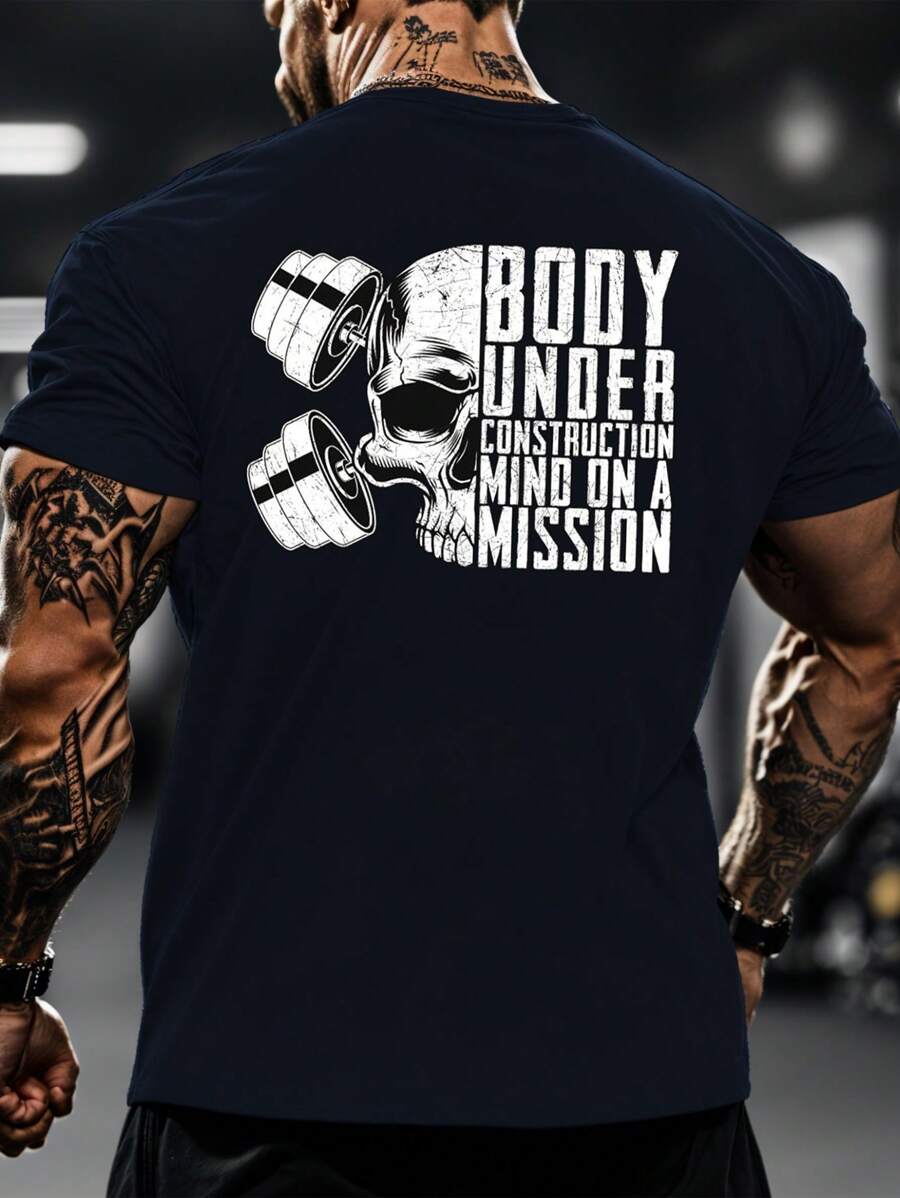 男士骷髅和口号印花户外运动 T 恤，Body Under Construction Mind On A Mission，休闲健身 T 恤，适合徒步旅行、钓鱼、日常穿着、春夏季 - 藏蓝色 - 查看 1
