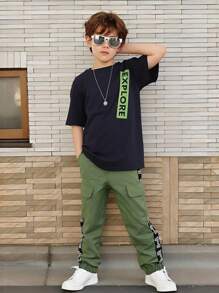 Tween Boy Spring/Summer/Fall Daily Wear Casual Letter Printed Short Sleeve Top And Utility Pants Set - Black - View 3