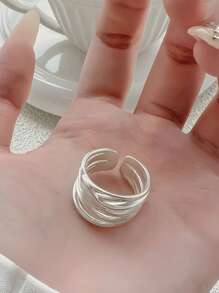 时尚宽边几何线条包裹一包纯银防过敏戒指 - 可调节哑光宽食指戒指女款 - 可调节戒指礼物送给朋友 - 線戒指 - 查看 9