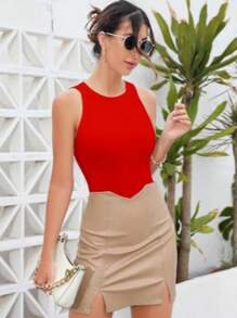 Solid Color Round Neck Sleeveless Bodysuit. - Red - View 4