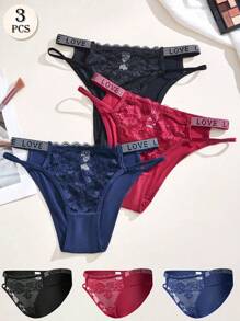 APRSEA 3pcs Women's Sexy Lace Patchwork LOVE Letter Mature Thong Panties - Multicolor - View 2