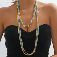 3pcs Multi-Layer Rice Pearl Long Necklace For Women, Suitable For Daily Wear