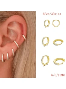 3件/6件/6对/套装 6毫米/8毫米/10毫米/12毫米/14毫米/16毫米圆形锆石不锈钢小圈耳环 男女耳钉饰品 - 金色 - 查看 9