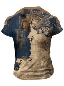 男士几何图案复古印花圆领短袖T恤，休闲时尚，适合夏季户外运动 - 彩色 - 查看 4