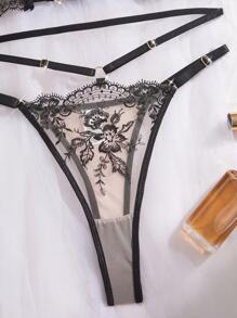 Conjunto de lencería sexy para mujer, sujetador de malla negra con bordado floral transparente, ropa interior para el Día de San Valentín, ropa de fiesta