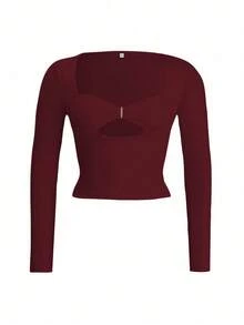 大码女装春季针织镂空心形领性感修身女孩休闲长袖上衣