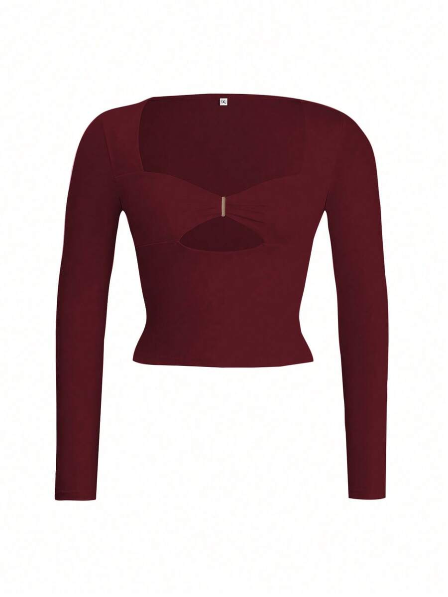 大码女装春季针织镂空心形领性感修身女孩休闲长袖上衣