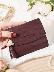 Burgundy Bag Charry Red Bag Wine Red Bag,Fashionable Burgundy Purse, Women's Short Wallet, 3-Fold Design, Multi-Card Holder, Bank Card Organizer, Credit Card Storage, Coin Pocket, Photo Window, Premium Leather, Love Charm, Tassel Pendant, And Stone Pattern, Ideal Travel Bag And Gift Bags For Girlfriend, Mother, Teacher, Valentine, Daily Use, Travel Essentials, Office, Shopping, Back-To-School Supplies, Must-Have Wallet For Women And Card Holder