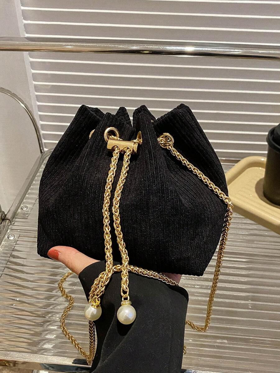 女士休闲单肩抽绳斜挎包，复古风 - 黑色 - 查看 1