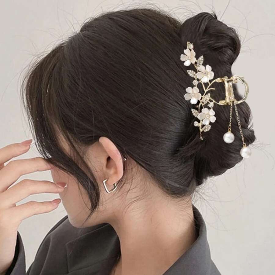 1 peça de garra de cabelo com borla de cristal e flor de jasmim, acessórios para cabelo, presilhas de garra, presilha de mandíbula, presilha de cabelo