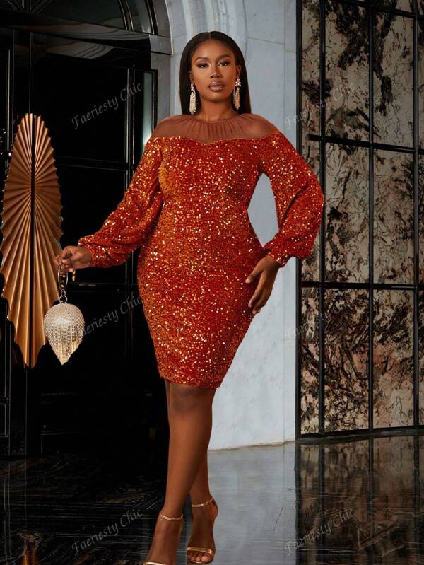 Contrast Mesh Lantern Sleeves Sequin Cocktail Party Dress