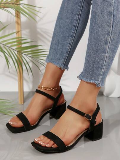 Women Plus Size New Style Mid Heel Chunky Heel Square Toe Single Strap Rhinestone Decor High Heel Shoes, Elegant & Sexy Open Toe, Soft Bottom Anti-Slip, Suitable For Daily, Commute And Match With Black Suede High Heels