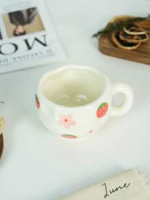 1pc Strawberry Pattern Ceramic Coffee Cup, Cute Cartoon Ceramic Mug, Water Cup, Couple Matching Cups, Breakfast Milk Cup, Party Afternoon Tea Cup, Gift, Birthday Present