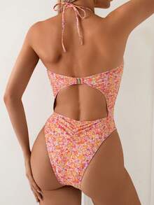 Maillot de bain une pièce sexy à imprimé floral et dos nu, ajouré, pour femme, tenue de plage à la mode pour les vacances, la plage, le camping et la natation. - Orange - Voir 3