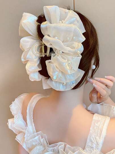 1pc Elegant, Luxurious & Minimalist Design Mesh & Faux Pearl Decor Hair Claw Clip, Suitable For Women To Wear At Parties Hair Clips Hair Jaw Clip Hair Clamps Hair Clutch Hair Catcher Clip Fall Winter Hair Accessories For Women Bows For Vacation Outfits Woman