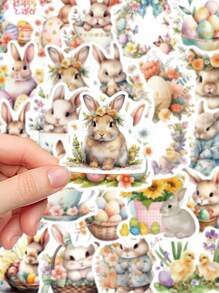 50pcs Easter Egg Bunny Stickers Easter Material Stickers Handbook Book Cute Bunny Diy Material Decorative Stickers,School Supplies,Back To School