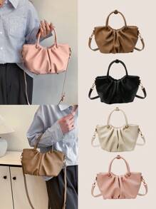 1 Pc Fashionable Elegant Versatile And Elegant Solid Color Lichee Pattern PU Leather Multifunctional Pleated Cloud Bag Double Handle Zipper Strap Detachable Long Shoulder Strap Women's Handbag Can Be Slung Diagonally Suitable For Daily Commuting Leisure Shopping And Casual Clothing Matching
