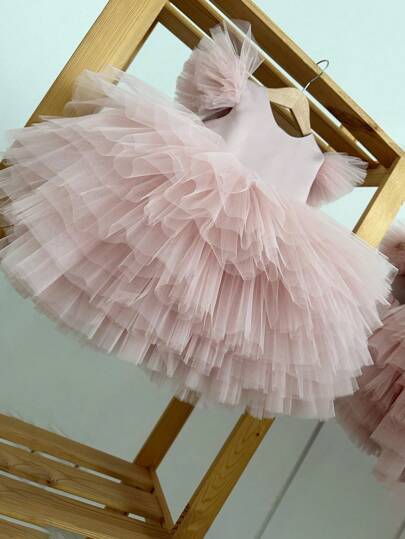 Baby Girls Flutter Sleeve Pink Tulle Elegant Princess Party Dress, Suitable For Girl's 1st Birthday, Wedding, Party, Holiday Celebration