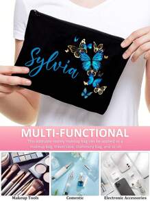 Custom Butterfly Printed Cosmetic Bag, Custom Your Name Cosmetic Bag, Can Be Customized To Your Unique Design, Lightweight Waterproof Canvas Zipper Cosmetic Bag Is Also Perfect For Coin Purse, Pencil Case, Perfect For Shopping, Date, Vacation, Travel, Festival, Party Or As A Gift Makeup Bag Make Up Organizer For Bathroom College Dorm Beach Summer Portable Multifunctional Women Girl Student