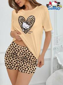 Sanrio 2 pezzi Set da pigiama da donna Hello Kitty Sanrio - Top a maniche corte e pantaloncini a stampa leopardata
