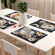 4 pièces Sets de table rectangulaires en lin tissé vintage européen imprimé floral - Sets de table résistants à la chaleur et antidérapants pour la table à manger, la cuisine - Décoration de table à manger, de café