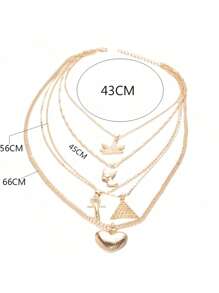 1pc European & American Exaggerated Maple Leaf Pyramid Pharaoh Queen Heart Shaped Pendant Multilayer Necklace Valentines