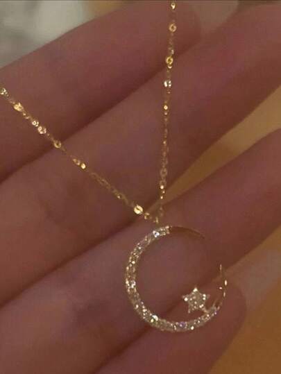 1 件优雅水钻镶嵌星星和月亮项链，简约精致女士锁骨链，适合派对和礼物