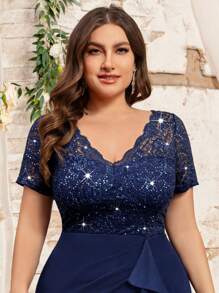 Plus V-Neck Sequin Lace Bodice Ruffle Hem Evening Party Bodycon Dress, Elegant Semi Formal Wedding Guest Dress, For Birthday, Graduation, Dinner Date - Navy Blue - View 10