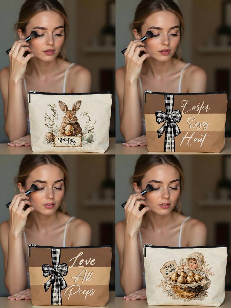 1pc Easter Bunny, Egg & Bow Letter Linen Print Cosmetic Bag, Adorable Travel Makeup Pouch & Multipurpose Coin Purse, Lightweight Gift Essential For Women