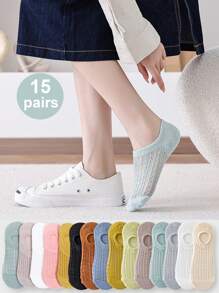 15 Pairs Women's Summer Breathable Mesh Ventilated Solid Color Versatile Silicone Non-Slip Invisible Boat Socks - Multicolor - View 1