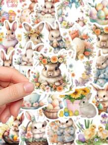 50pcs Easter Egg Bunny Stickers Easter Material Stickers Handbook Book Cute Bunny Diy Material Decorative Stickers,School Supplies,Back To School