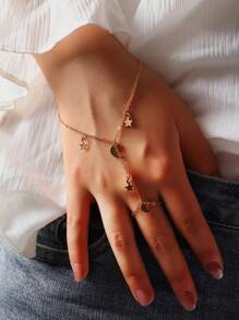 1pc Girls Star & Moon Beaded Finger Hand Chain Bracelet & Ring Set - Gold - View 1