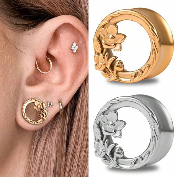 2 PIEZAS de Aretes Túneles para Día de San Valentín con Diseño de Flor, de Acero Inoxidable 316, Dilatadores de Oreja, Joyería Corporal Elegante para Mujer