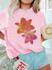 A Piece Of Girl Casual Floral Print Crew Neck Short Sleeve T-Shirt, Suitable For Summer Student Wear, Suitable For Teenagers And Children - Floral Pattern, Providing Unique T-Shirts For Children Who Love Flowers And Want To Stand Out! Girls Graphic Tee, Summer Top, Teen Clothing - Pink - View 7