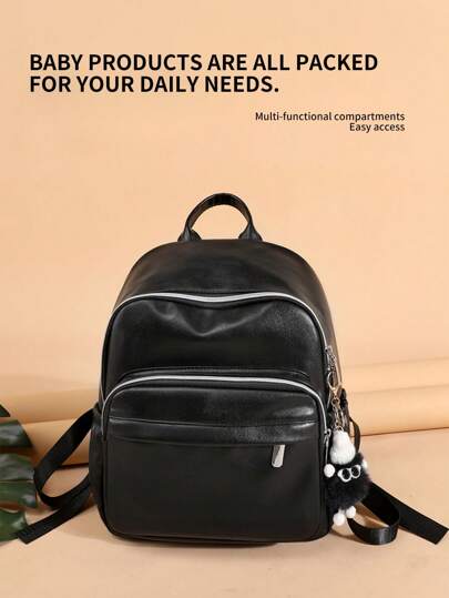 1pc Black New PU Diaper Bag Backpack, Essential For Baby Travel, With Insulated Pockets And Stroller Straps