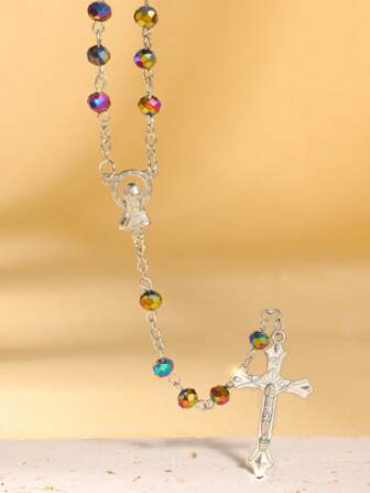 1pc Crystal Christian Catholic Necklace, Virgin Mary Jesus Cross Y-Shaped Long Beads Chains