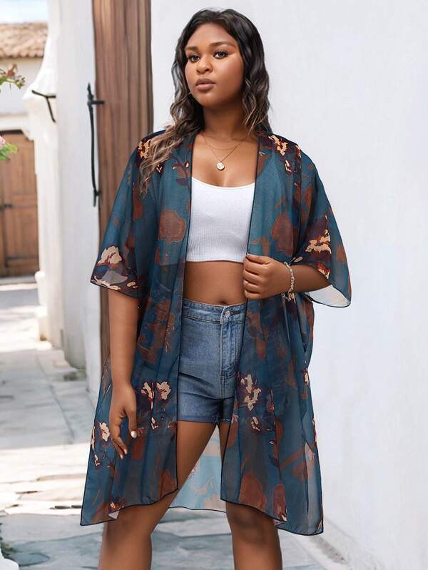 Plus Size Side Split Cover Up Floral Printed Kimono Women Beach Outfits, For Summer Vacation