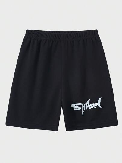 Young Boys' Moisture-Wicking Outdoor Running Shorts, Shark Print, Breathable Mesh, Loose Fit, Suitable For 4-12 Years Old