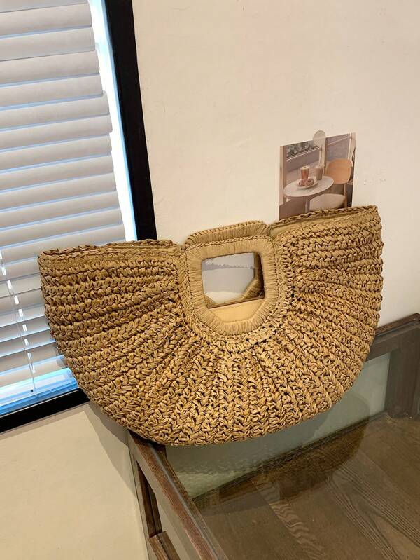 1 Pc New Summer Vacation Style Solid Color Grass Woven Large Capacity Khaki Tote Bag Woven Bag Open Grass Woven Bag Round Bag For Tourism Vacation Beach&Leisure Shopping