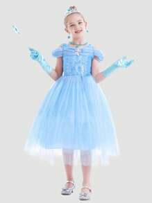Blue Jewels Lace Trim Tulle Princess Dress For Young Girls - Multicolor - View 4