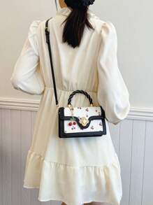 Burgundy Red,Anchor Red,Bordeaux Red,Ruby Red,Maroon,Crimson,Cherry Color Burgundy Fashionable High-End Ladies Square-Shaped PU Handbag, Multifunctional Cute Cherry Printed Shoulder Bag, Suitable For Shopping, Dating, Crossbody Bag For Girls, Kawaii Cherry Elements - Multicolor - View 11