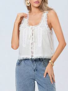Women Lace Trim Vest Tank Tops Y2K Fairy Sleeveless Tie Button Front Sheer Mesh Crop Tops Summer Going Out Tops Cute Loose Fit Cami Shirt  Aesthetic Clothes - trắng - Xem 7