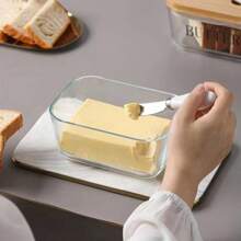 1 件玻璃黄油盘，带竹木盖和黄油刀，适用于厨房和餐厅，用于储存黄油和肉类 - 均碼 - 查看 4